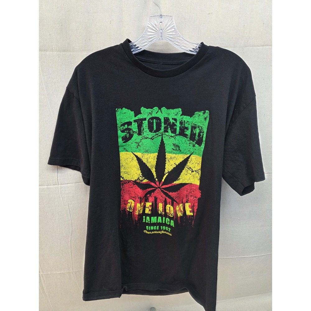 Stoned One‎ Love Jamaica T Shirt Black Rasta Pot Leaf Graphic Mens Large L
